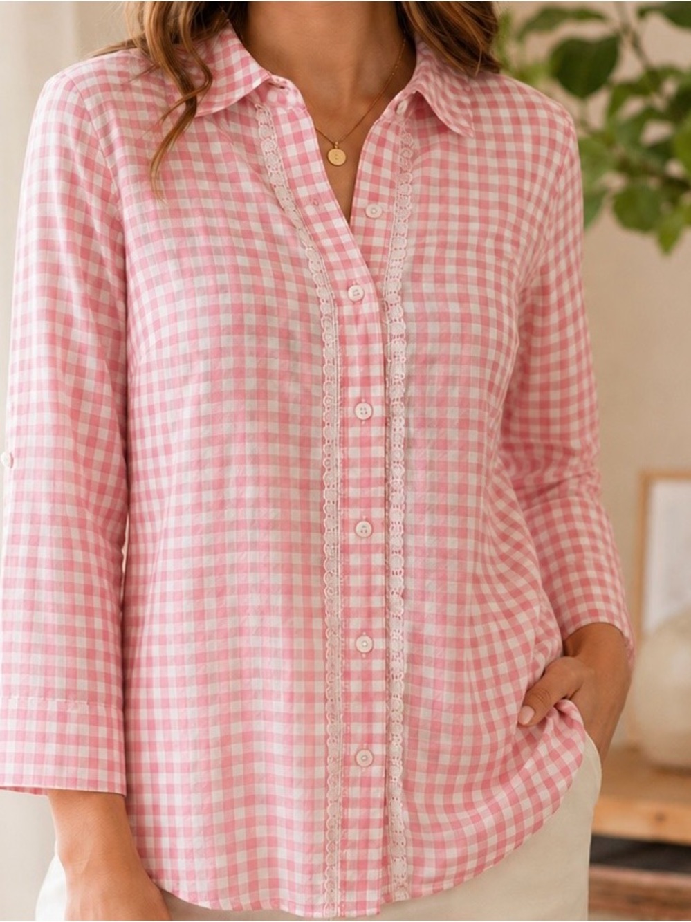 Women’s Pink Gingham Lace-Trim Button-Down Shirt